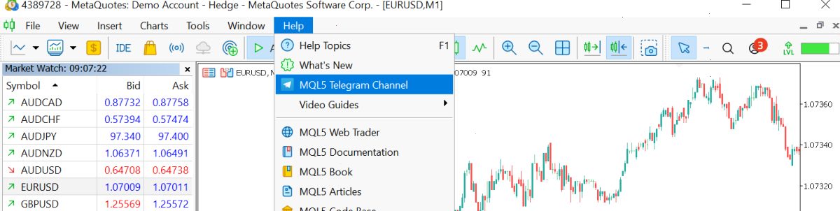 在“帮助”菜单中添加MQL5 Telegram频道的链接。